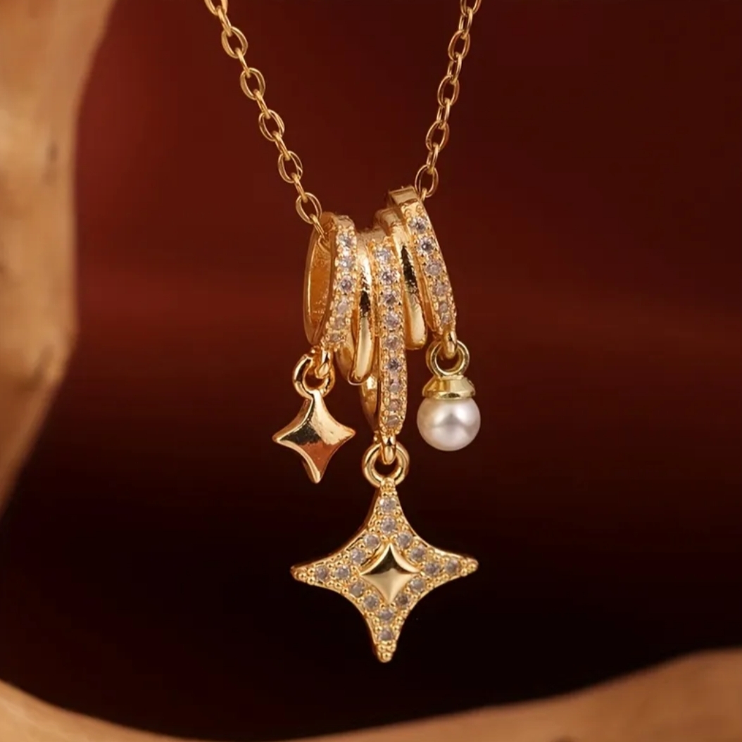 18 Kt Gold Over Titanium Necklace With Pearl And Charms